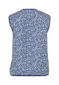 Sleeveless blue vest with a white floral pattern. The fabric is textured with a smooth finish and features contrasting blue edging.