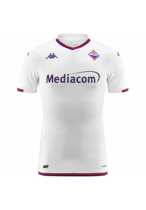 Maglietta da calcio bianca con logo "Mediacom" viola, colletto triangolare con dettagli rossi e viola, maniche corte e una texture sottile.