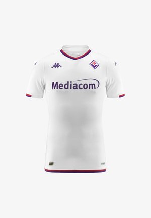 Maillot de football blanc avec le logo "Mediacom" en violet, col triangulaire avec des accents rouges et violets, manches courtes et texture subtile.