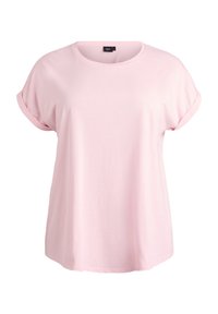 Camiseta de algodón rosa con cuello redondo, mangas cortas enrolladas y un ajuste holgado. Textura suave, sin patrones ni detalles visibles.