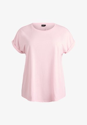 Camiseta de algodón rosa con cuello redondo, mangas cortas enrolladas y un ajuste holgado. Textura suave, sin patrones ni detalles visibles.