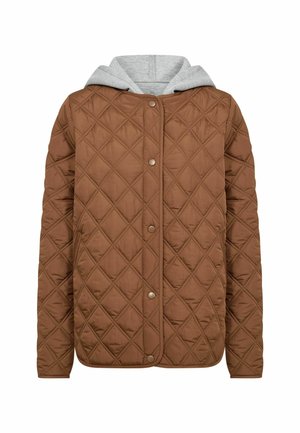 Pruun tikk-kleit snap-nööpnappidega ja küljes kinnitatud helehall kapuutsiga sisekiht, valgel taustal eksponeeritud.