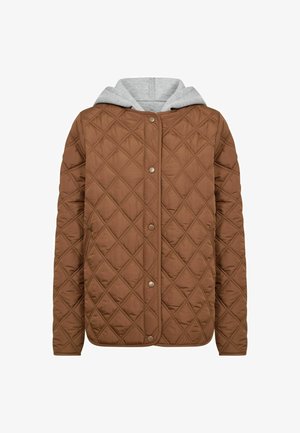 Rjava prešita jakna s pritisnimi gumbi in priloženo svetlo sivo kapuco, prikazana na belem ozadju.