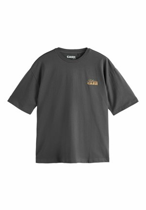 Graues Baumwoll-T-Shirt mit Rundhalsausschnitt und kurzen Ärmeln; zeigt ein golden gedrucktes Logo "Johnny Cash" auf der linken Brust.