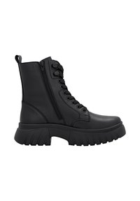 Bottes noires à lacets avec une fermeture éclair, en cuir, possédant une semelle épaisse, un bout arrondi et un design structuré. Texture lisse avec des accents minimaux.