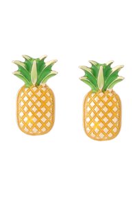 Gold-tone pineapple-shaped earrings with green enamel leaves, featuring a textured diamond-patterned body. Measures approximately 1 inch.