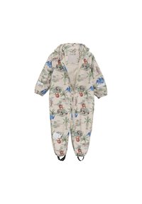 Salopettes imperméables pour enfants en beige, ornées d'un imprimé sur le thème de la jungle avec des animaux et des plantes. Comprend une fermeture éclair à l'avant et des poignets élastiques.