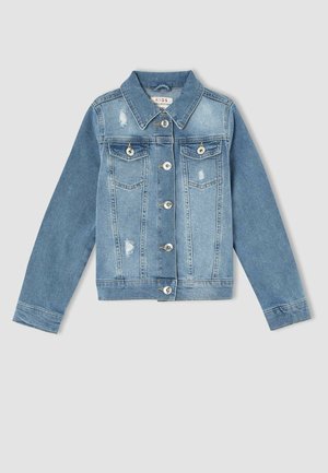 Veste en denim pour enfants, fabriquée en tissu déchiré bleu clair, avec un col classique, des poches avant et des fermetures à boutons en métal.