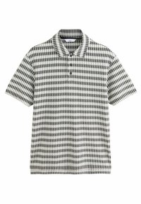 Polo a maniche corte in un pattern a scacchi bianco e nero, con colletto e patta con tre bottoni. Realizzato in tessuto intrecciato testurizzato.