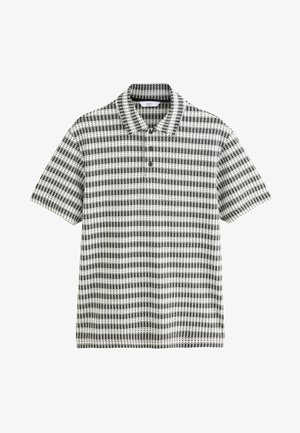Korte mouw polo shirt in zwart-wit houndstooth patroon, met een kraag en een knoopsluiting met drie knopen. Gemaakt van textuur geweven stof.