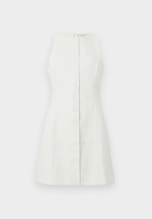 Vestido branco sem mangas feito de linho, com fecho de botões à frente, forma ajustada e textura subtil, com um simples fecho de correr nas costas.