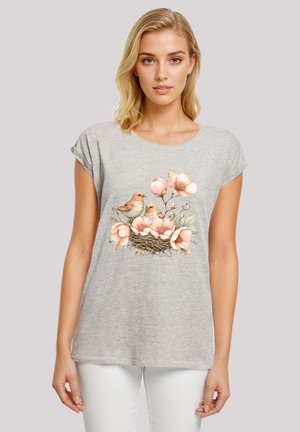 Gray short-sleeve T-shirt featuring a floral design with pink flowers and two small birds in a nest at the center. Smooth texture.