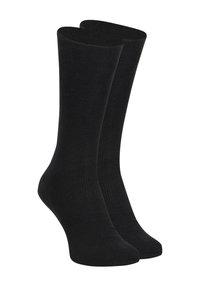 Chaussettes noires à côtes avec une texture lisse, de longueur mi-mollet, et renfort au niveau des orteils et du talon pour plus de durabilité. Idéales pour un usage quotidien.
