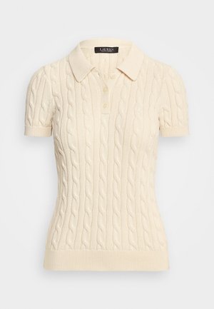 Pull polo en maille torsadée couleur crème à manches courtes avec col et trois boutons sur le devant de Lauren Ralph Lauren.