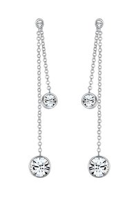 Boucles d'oreilles en argent avec deux segments de chaîne pendants, chacun se terminant par un cristal clair et circulaire. Design simple et élégant.