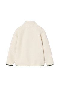 Cream-colored fleece jacket with a high collar, drop shoulders, and contrasting green trim along the hem and sleeve cuffs. Soft texture.