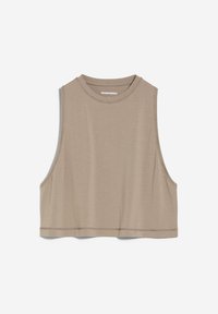 Haut court sans manches beige avec encolure ronde et coutures visibles, posé à plat sur un fond blanc.