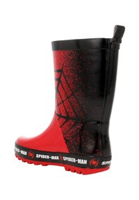 Stivale da pioggia in gomma rosso e nero con un motivo a ragnatela, superficie testurizzata e una banda con il logo "SPIDER-MAN" lungo la suola.