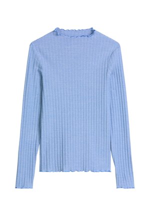 Lichtblauw-wit horizontaal gestreept shirt met lange mouwen, een geribbelde structuur en een gegolfde rand aan de halslijn, manchetten en zoom.