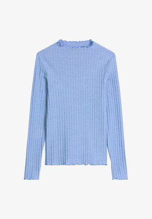 Lichtblauw-wit horizontaal gestreept shirt met lange mouwen, een geribbelde structuur en een gegolfde rand aan de halslijn, manchetten en zoom.