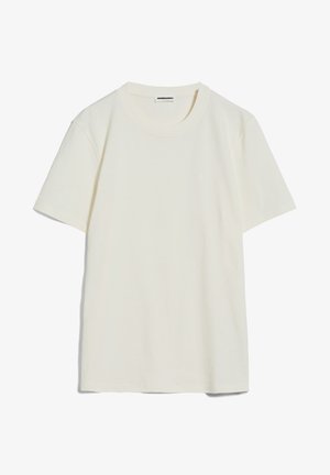 Cremefarbene Baumwoll-T-Shirt mit Rundhalsausschnitt und kurzen Ärmeln. Verfügt über ein kleines gesticktes Logo im linken Brustbereich.