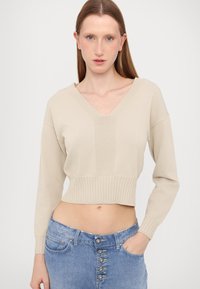 Maglione cropped beige con scollo a V, orlo a coste e maniche lunghe, caratterizzato da un design con pannello centrale testurizzato e tessuto a maglia liscia.