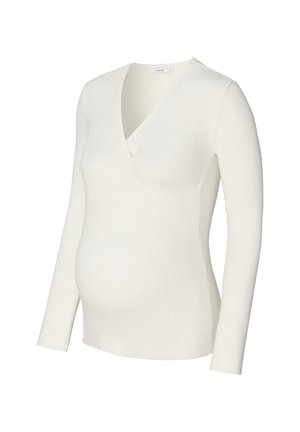 Witte lange mouwen top met een geribbelde structuur, voorzien van een wikkelontwerp en een zijpaneel voor extra gemak, geschikt voor zwangerschapskleding.