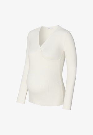 Witte lange mouwen top met een geribbelde structuur, voorzien van een wikkelontwerp en een zijpaneel voor extra gemak, geschikt voor zwangerschapskleding.
