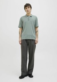 Polo vert clair avec une coupe décontractée et un col, associé à un pantalon gris foncé et des chaussures noires. Design uni, sans motifs notables.