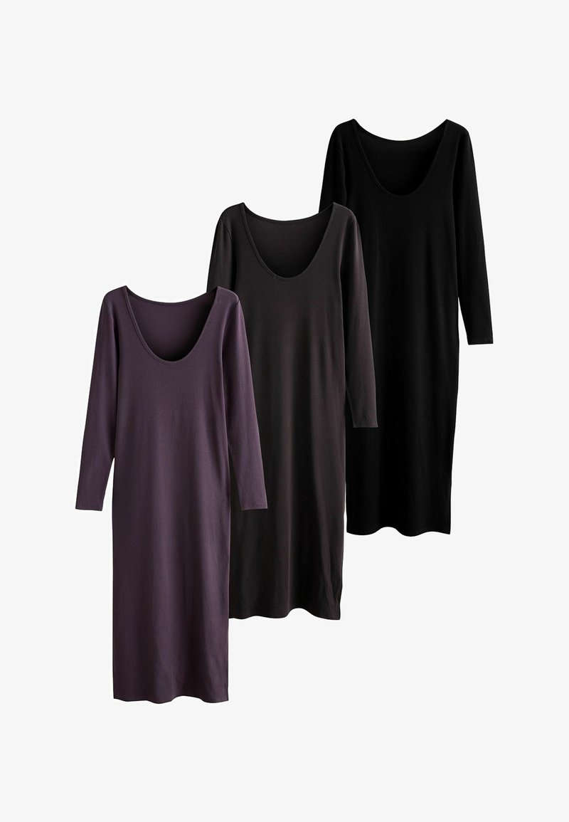 Tres vestidos de manga larga en púrpura, gris oscuro y negro. Cada uno presenta un escote redondeado y un corte recto y sencillo. Tejido suave y elástico.