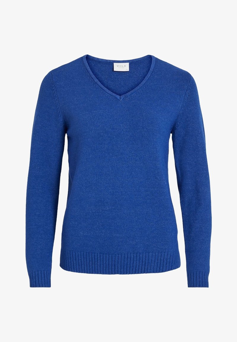 Pull bleu à manches longues avec col en V, poignets et ourlet côtelés, en tissu maille doux.