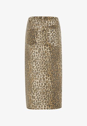 Leoparda raksta džinsu svārki ar taisnu griezumu, vidēja garuma dizains, divas aizmugures kabatas un redzami šuvju detaļas kontrastējošās krāsās.