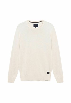 Kremfarvet langærmet crewneck-trøje med ribstrikkede manchetter og kant, med et lille mørkt mærke nær den nederste kant.