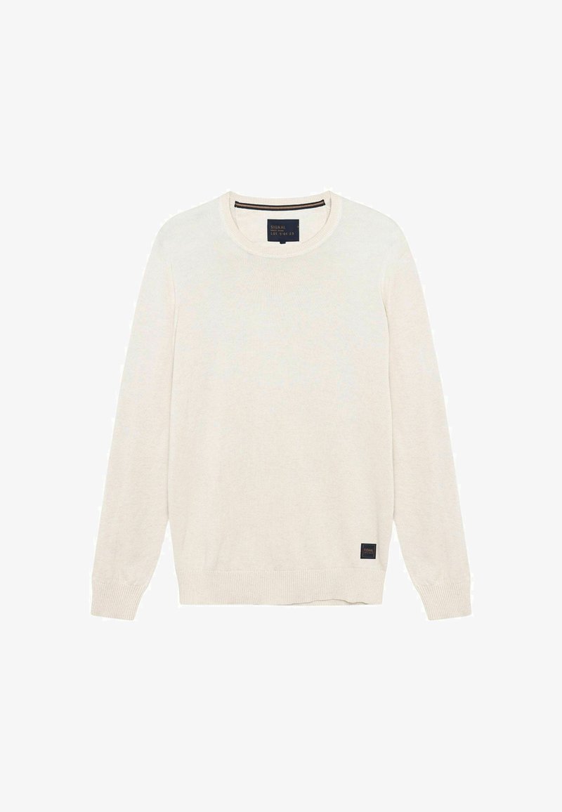 Pull à col rond à manches longues de couleur crème, avec poignets et ourlet côtelés, comportant une petite étiquette foncée près du bas.