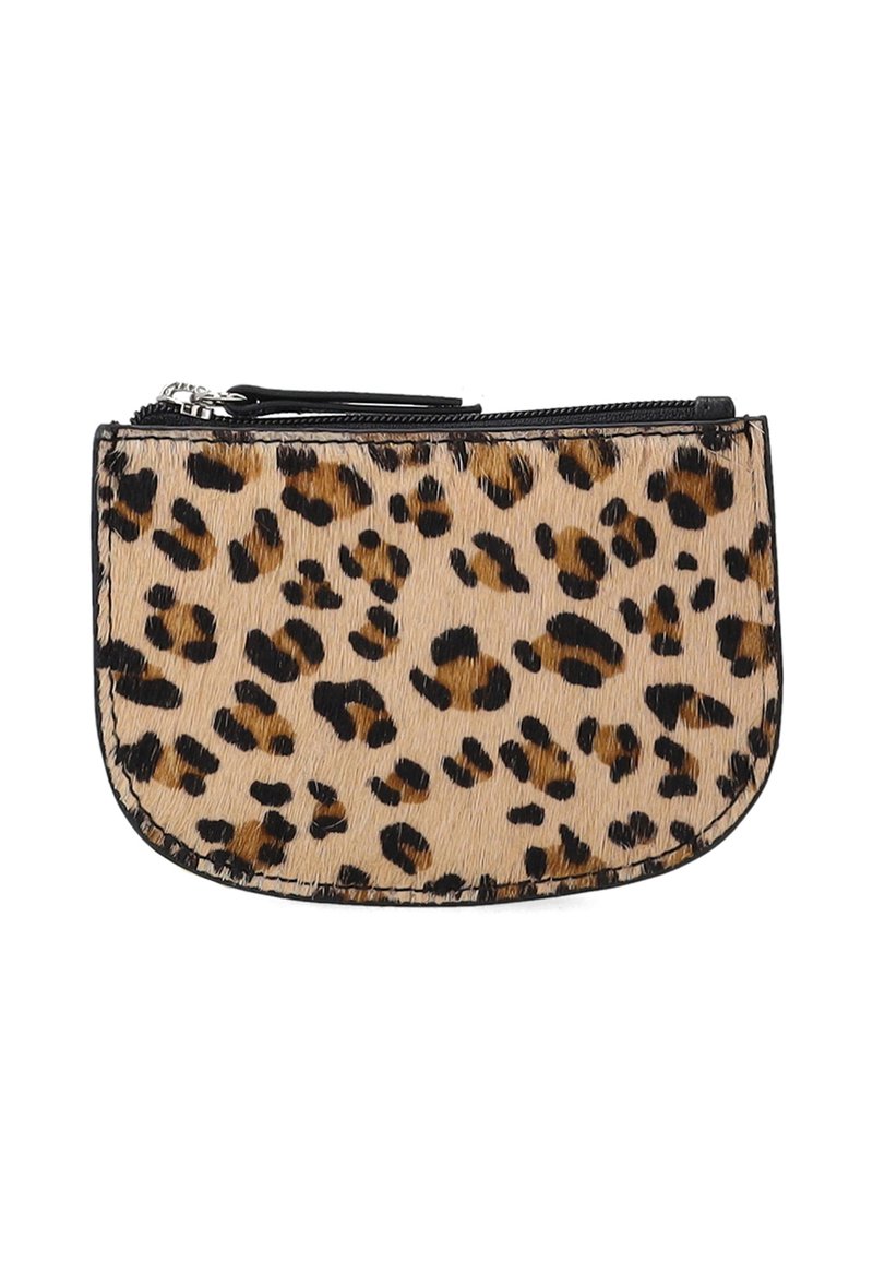 Pung i leopardprint med lynlås, som har en glat, struktureret overflade og sorte lynlåse og kanter. Kompakt, afrundet rektangulær form.