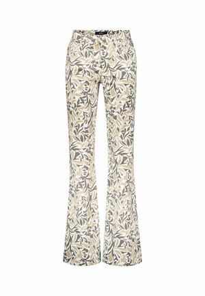 Beige en grijs wijde broek met bladpatroon, voorzien van voorzakken en een tailleband, afgebeeld op een witte achtergrond.