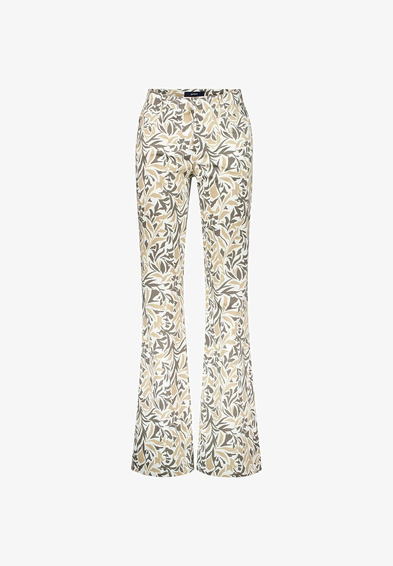 Beige en grijs wijde broek met bladpatroon, voorzien van voorzakken en een tailleband, afgebeeld op een witte achtergrond.