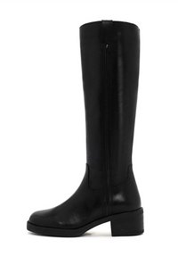 Botte en cuir noir montante avec une texture lisse, fermeture éclair sur le côté, bout arrondi et talon bloc pour plus de stabilité.