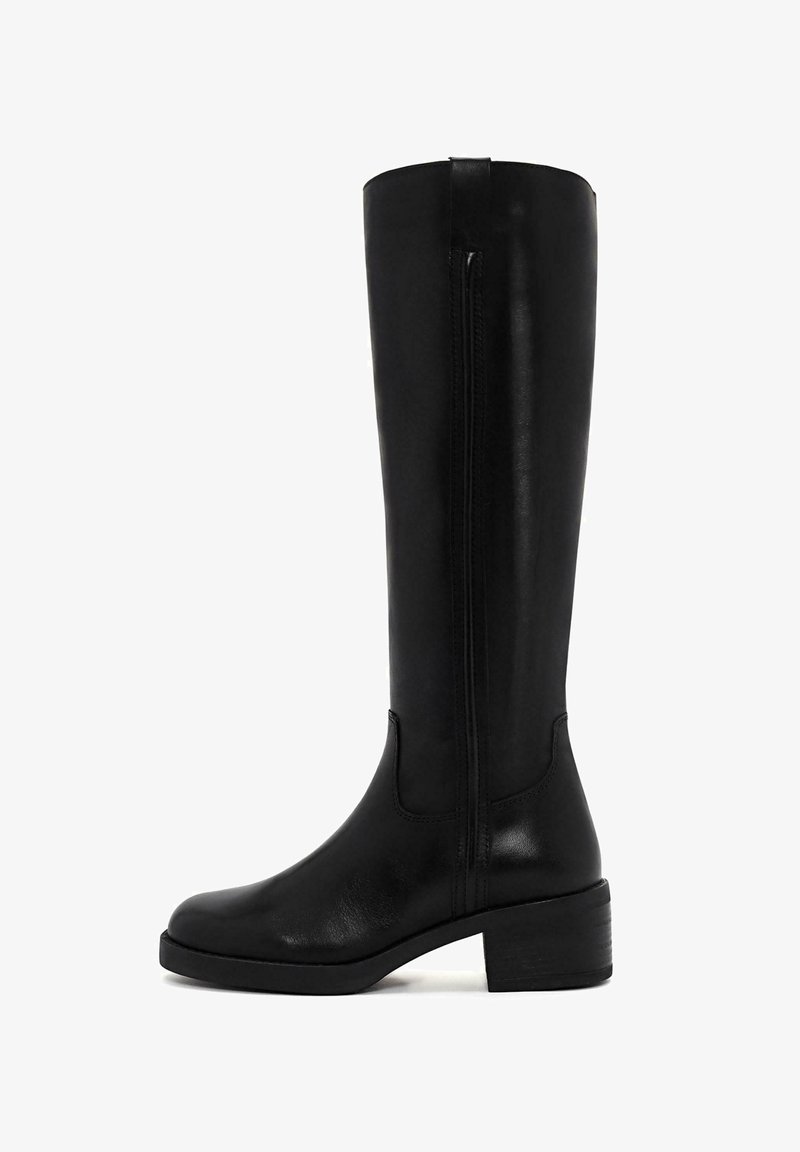 Black leather knee-high boot with a smooth texture, side zipper, rounded toe, and a block heel for stability.