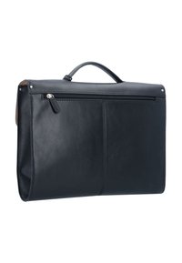 Maletín de cuero negro con un compartimento con cremallera, costura en el panel frontal, un asa superior y textura suave, con un diseño minimalista.