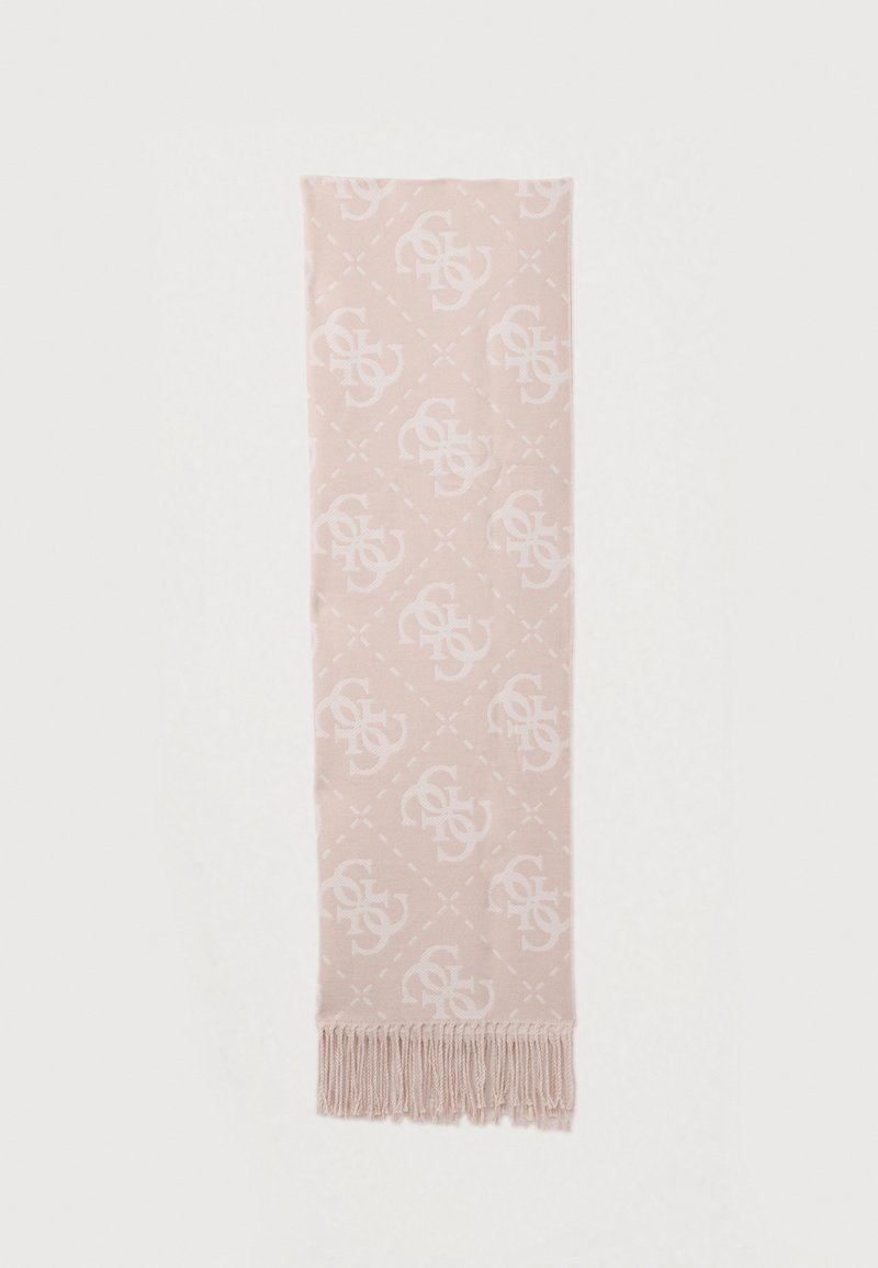 Écharpe rose en matière douce, arborant un motif répétitif de logos blancs et finie par un détail à franges à une extrémité.