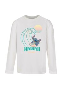Pitkähihaisen valkoisen t-paidan etupuolella on sarjakuvahahmo surffilaudalla, aalto sekä teksti "HAWAII aloha" teal- ja persikanvärisinä.