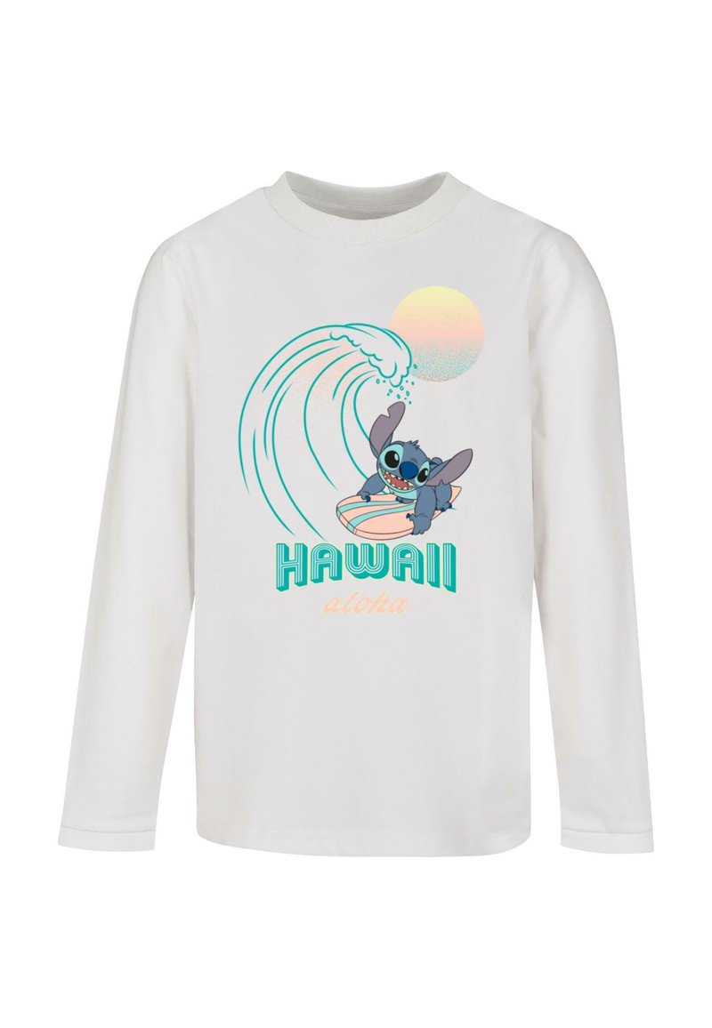 Pitkähihaisen valkoisen t-paidan etupuolella on sarjakuvahahmo surffilaudalla, aalto sekä teksti "HAWAII aloha" teal- ja persikanvärisinä.