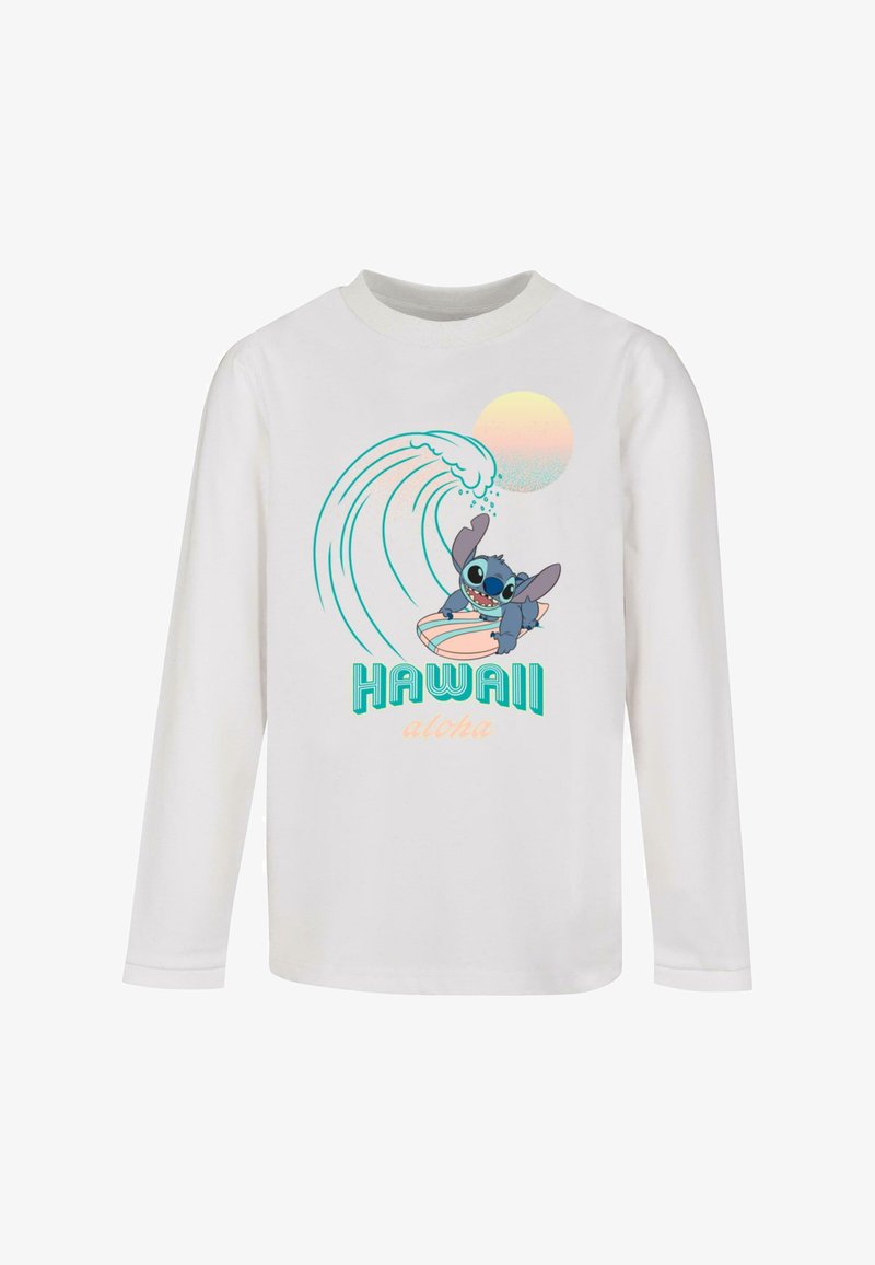 Wit T-shirt met lange mouwen, featuring een cartoonfiguur op een surfplank, een golf, en tekst die "HAWAII aloha" zegt in teal en perzik kleuren.