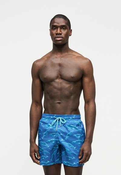 Καλοσχηματισμένος άντρας με κοντά μαλλιά, φορώντας μπλε μαγιό με σχέδια από φωτεινό γαλάζιο φάλαινα, στέκεται μπροστά σε λευκό, απλό φόντο.