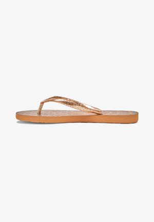 Brown flip-flop featuring a textured footbed and a sparkly bronze strap. The strap has a minimal V shape, providing casual footwear.