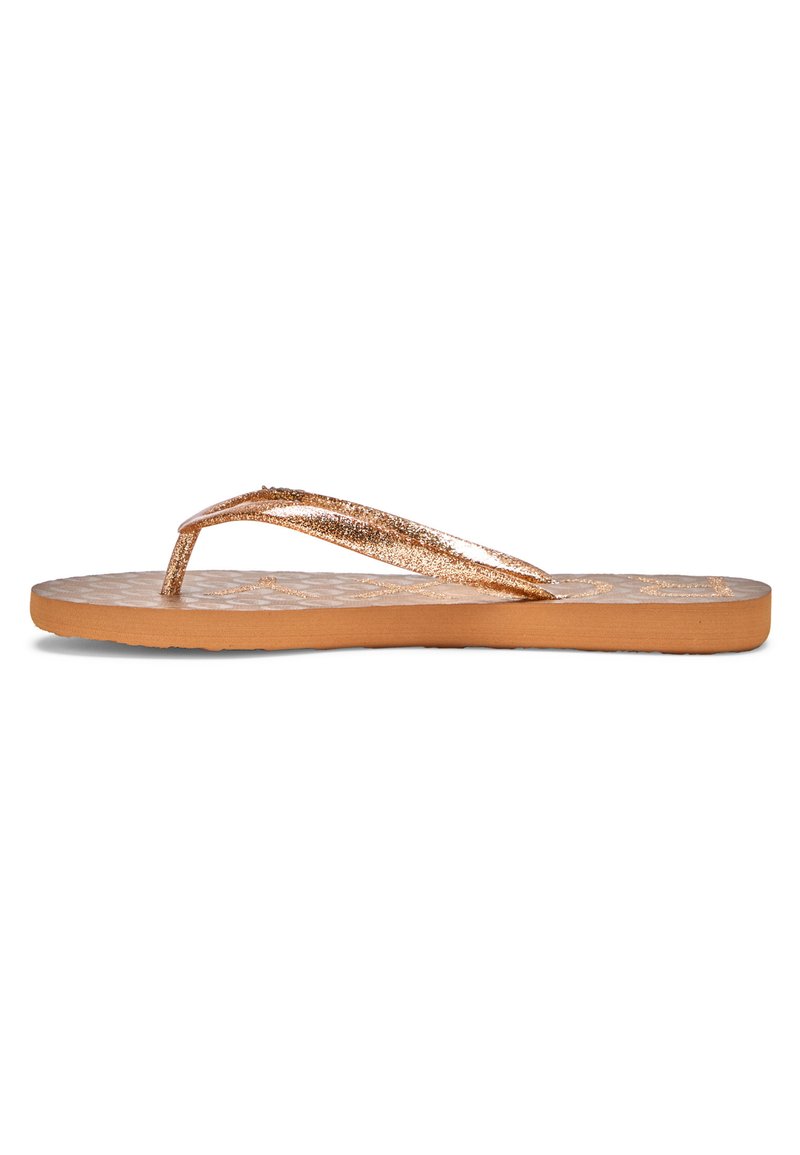 Brown flip-flop featuring a textured footbed and a sparkly bronze strap. The strap has a minimal V shape, providing casual footwear.