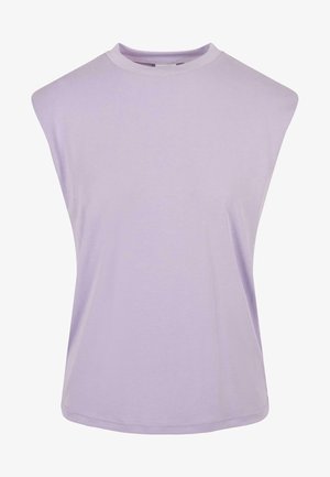Levanduľový bezrukávový top z jemnej bavlny s vysokým výstrihom a voľným strihom s hladkou štruktúrou a čistým lemom.