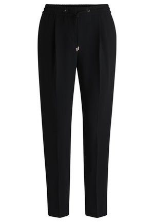 Pantalon noir sur mesure avec taille élastique et cordon, coupe droite slim avec plis sur le devant.