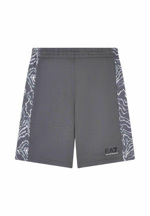 Pantaloncini sportivi grigi con pannelli laterali con motivo astratto e fascia elastica in vita, con logo Emporio Armani EA7 sull'orlo frontale.